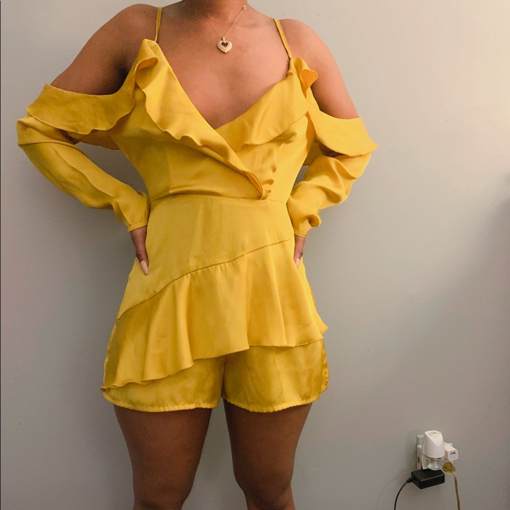 Mustard yellow romper with cold shoulder